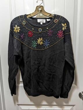 Vintage Silvercord Sweater Womens M Beaded Jewell Ornate Floral Black Christmas